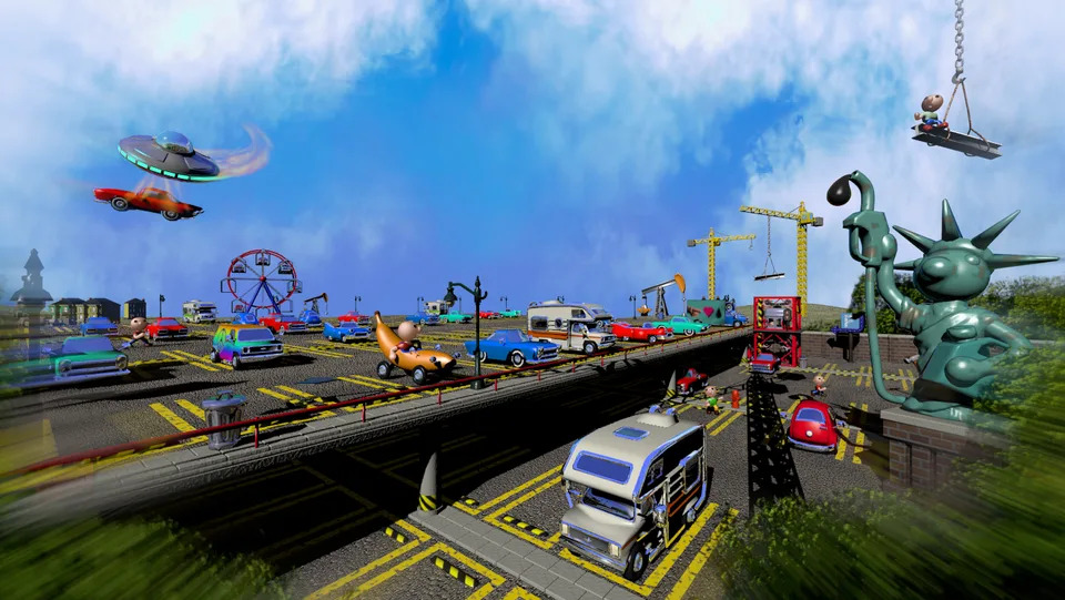 Wide Car Park Capital scene with packed parking lots, a fuel-nozzle Statue of Liberty and flying cars