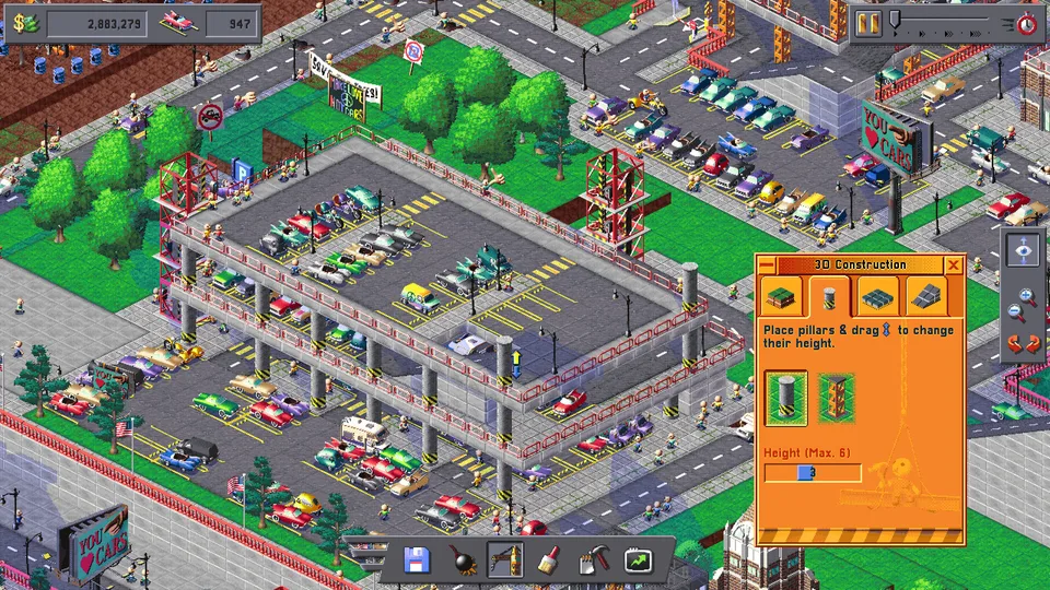 Multi-story parking garage under construction with the 3D construction panel open