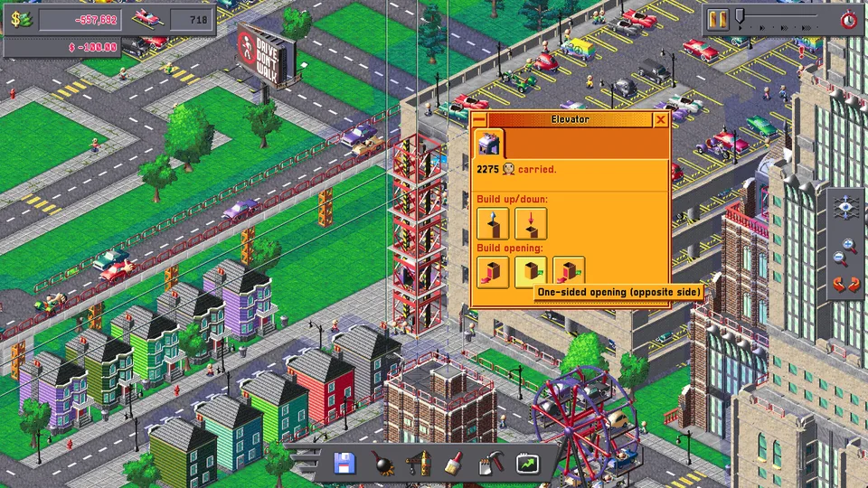 Car Park Capital city block with an apartment row, a red elevator tower and a multi-level parking garage